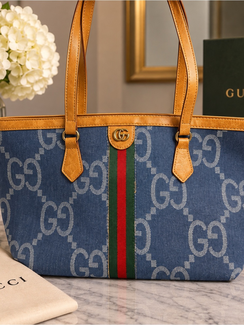 Gucci Blue GG Denim Tote with Tan Leather Trim and Green-Red Web